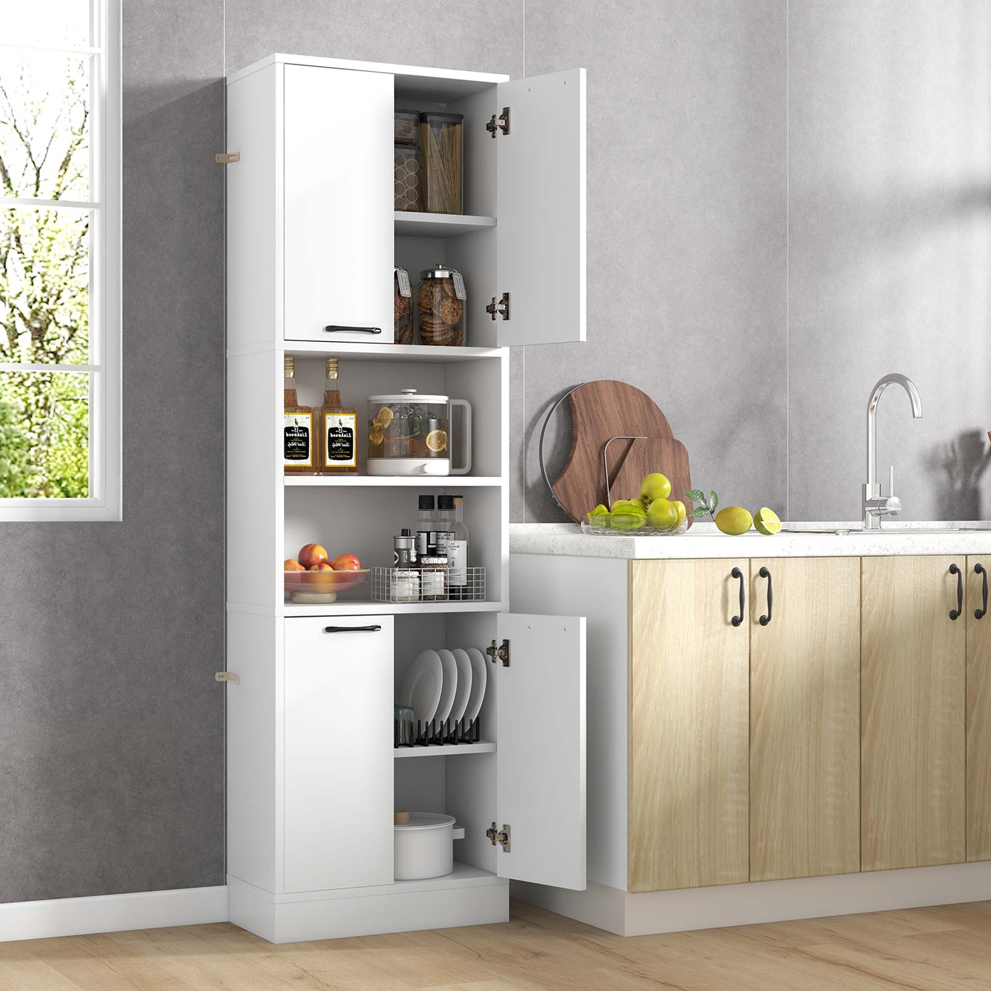 Costway 75" Tall Bathroom Storage Cabinet with 4 Doors & 2 Open Compartments Freestanding White