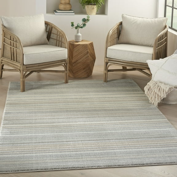 Nourison Soma Contemporary Striped Grey Ivory Teal 5'3" x 7'3" Area Rug, (5' x 8')