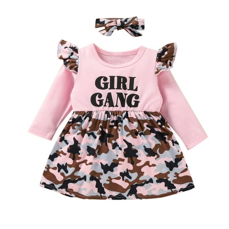 

ZHUASHUM Toddler Kids Baby Girls Cute Letter Long Ruffled Sleeve Patchwork Camouflage Princess Dress With Headbands Outfits Set 2PCS Clothes