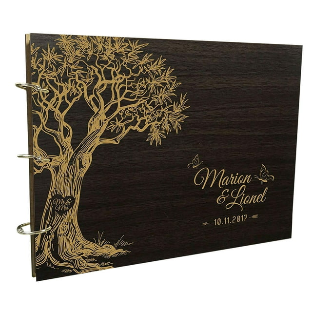 Rustic Wedding Wood Engraved Bride & Groom Guestbook Photo Album Custom Tree Scrapbook