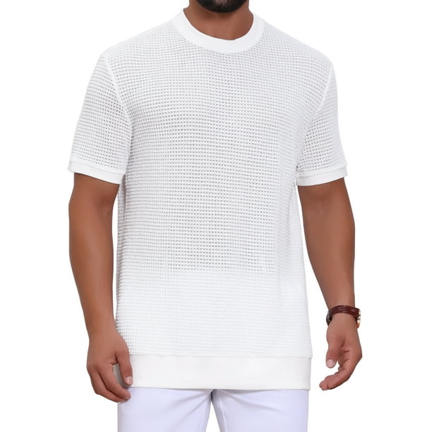 Camisetas de punto casual de manga corta con cuello redondo y textura de gofre para hombres L blancas