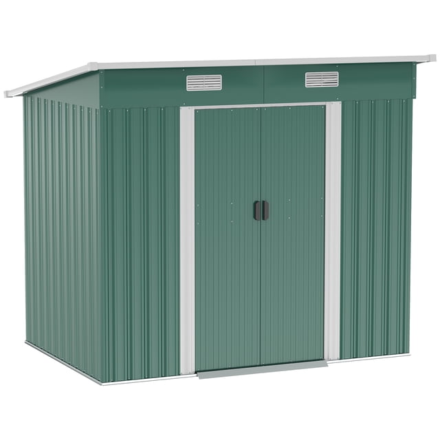 Outsunny 7'x 4' Outdoor Storage Shed in light green and white, made of galvanized steel with lockable double doors, foundation kit, and ventilation. Features a weather-resistant and rustproof powder coating, reinforced walls, and ample space for storing tools and outdoor equipment. Dimensions: 81.5 inches long, 51.2 inches wide, and 71.7 inches high.