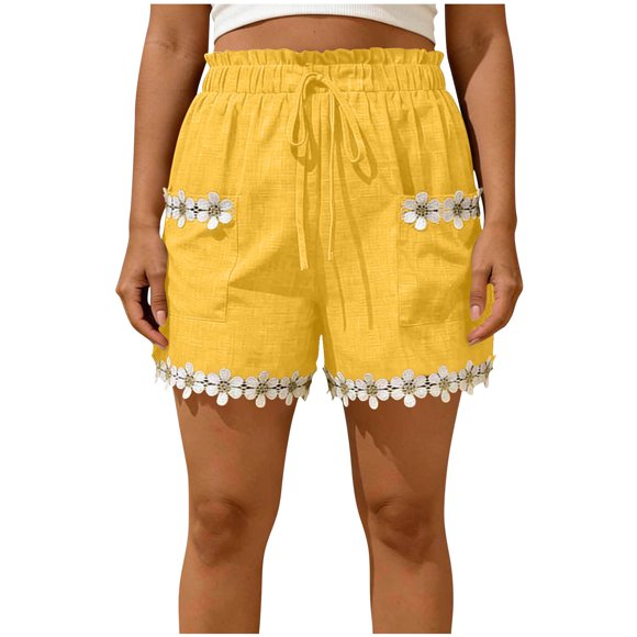 Iyufng Shorts d'Été avec Poche, Décontractés, Amples, Taille Élastique, Cordon de Serrage, Shorts à Volants, Dentelle, Boho, Tenues de Plage et de Vacances, Tendance