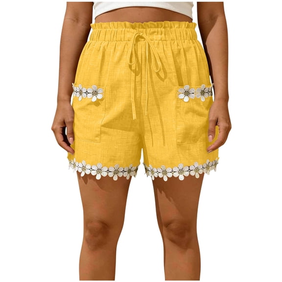 CHUMUD Shorts for Women Trendy Daisy Floral Trim Casual Shorts, Elastic Waist Drawstring Shorts with Pockets, Lightweight Summer Beach Loungewear Vacation
