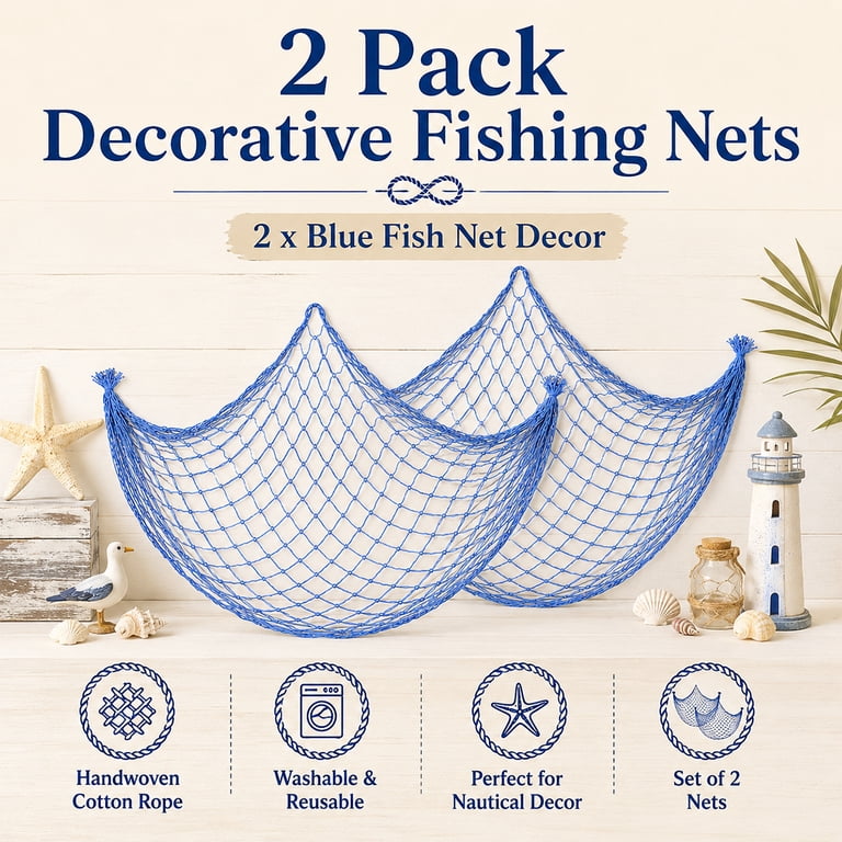 Decorative Fishing Net 80x40 Inch,3mm Thick Natural Cotton-Large Wall  Hanging Fish Net Decorations,Party Fishnet for Nautical Pirate Beach  Themes,Blue 2 Pack - Walmart.com