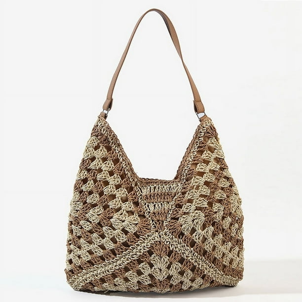 Nvzi Bolso de hombro tejido Bolso de mano tejido y bolso de cosméticos, Bolsos de mano tejidos elegantes para playa de verano Bolsos de hombro - Caqui