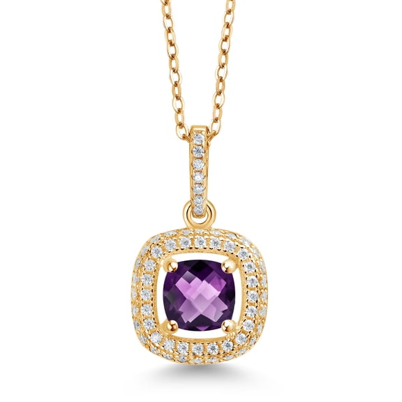 Gem Stone King 18K Yellow Gold Plated Silver Pendant with Chain Cushion Amethyst and White Moissanite (1.00 Cttw)