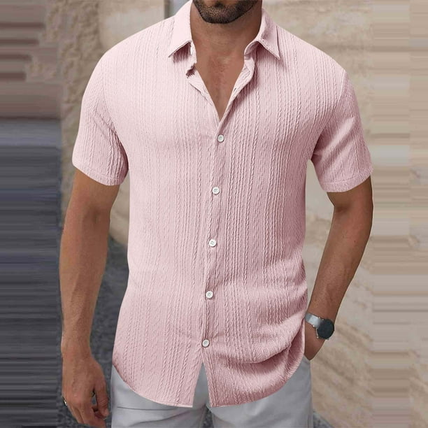 Blusa y camisa de manga corta con cuello vuelto para hombre, color liso, informal, holgada, con botones, de poliéster