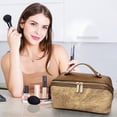 thumbnail image 3 of Neceser de cuero con doble cremallera y diseño de bloques de colores, organizador con divisores mejorados para maquillaje y artículos de tocador, bolsas de almacenamiento de cosméticos a juego., 3 of 5