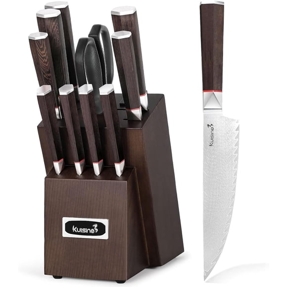 Kuisine Ensemble de Couteaux de Cuisine, Acier Damas Ultra Tranchant, Manche Ergonomique Antidérapant en Bois, Ensemble de Blocs de Couteaux de Chef avec Aiguiseur Intégré, Cadeau de Luxe pour les Fêtes (Argent, 12 Pcs)