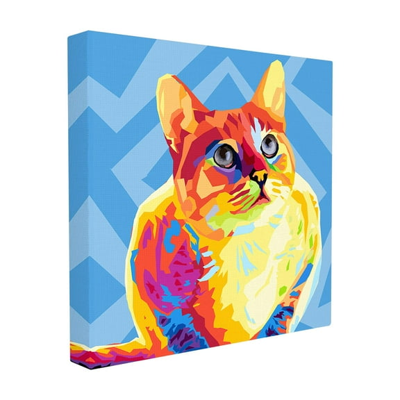 The Stupell Home Decor Collection Vibrant Abstract Posterized Rainbow Cat with Blue Pattern Background Stretched Canvas Wall Art, 17 x 1.5 x 17