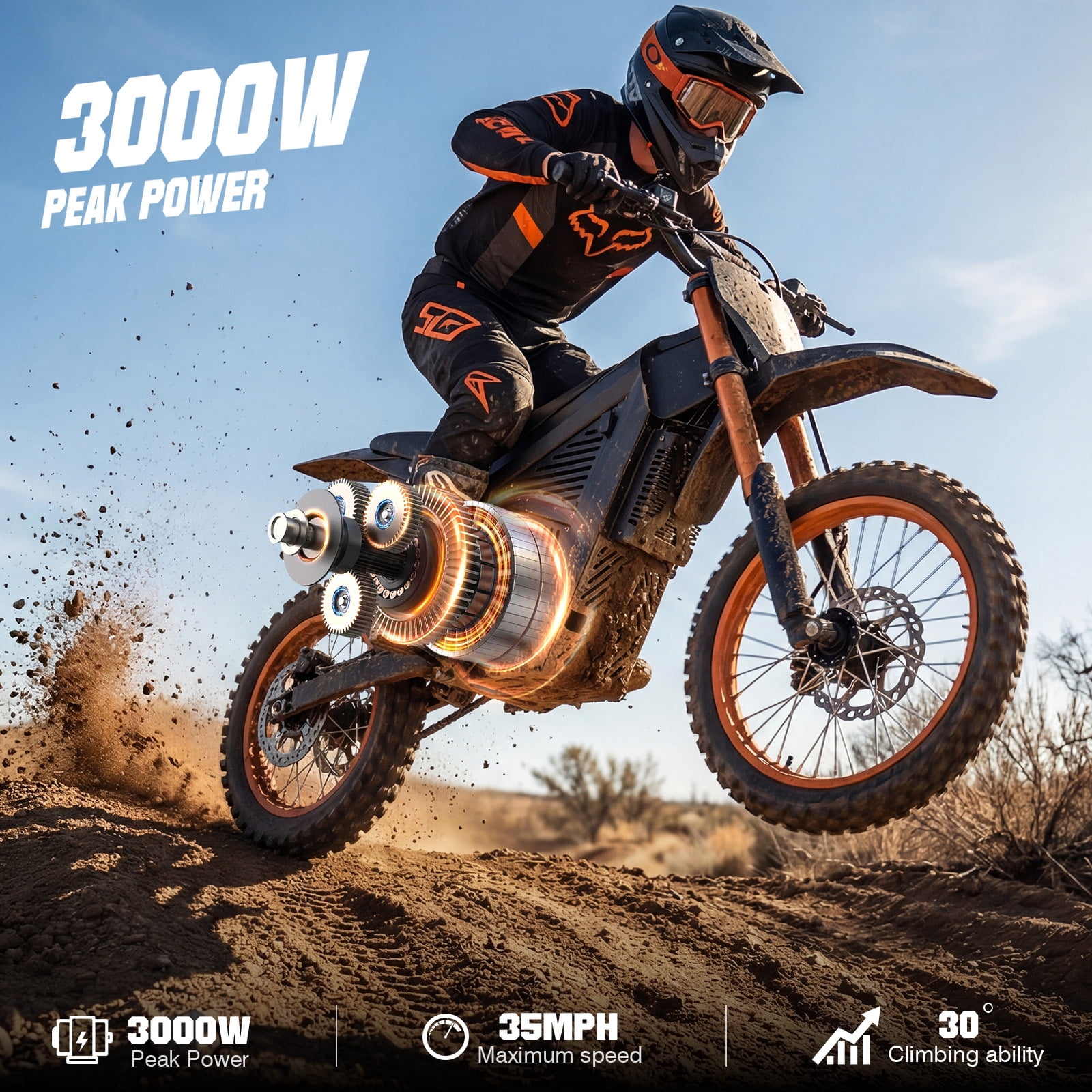 3000W Electric Dirt Bike for Adults 48V 21AH Motorcycle 35MPH Off-Road Vehicle High Carbon Steel Frame with Hydraulic Brakes UL2849