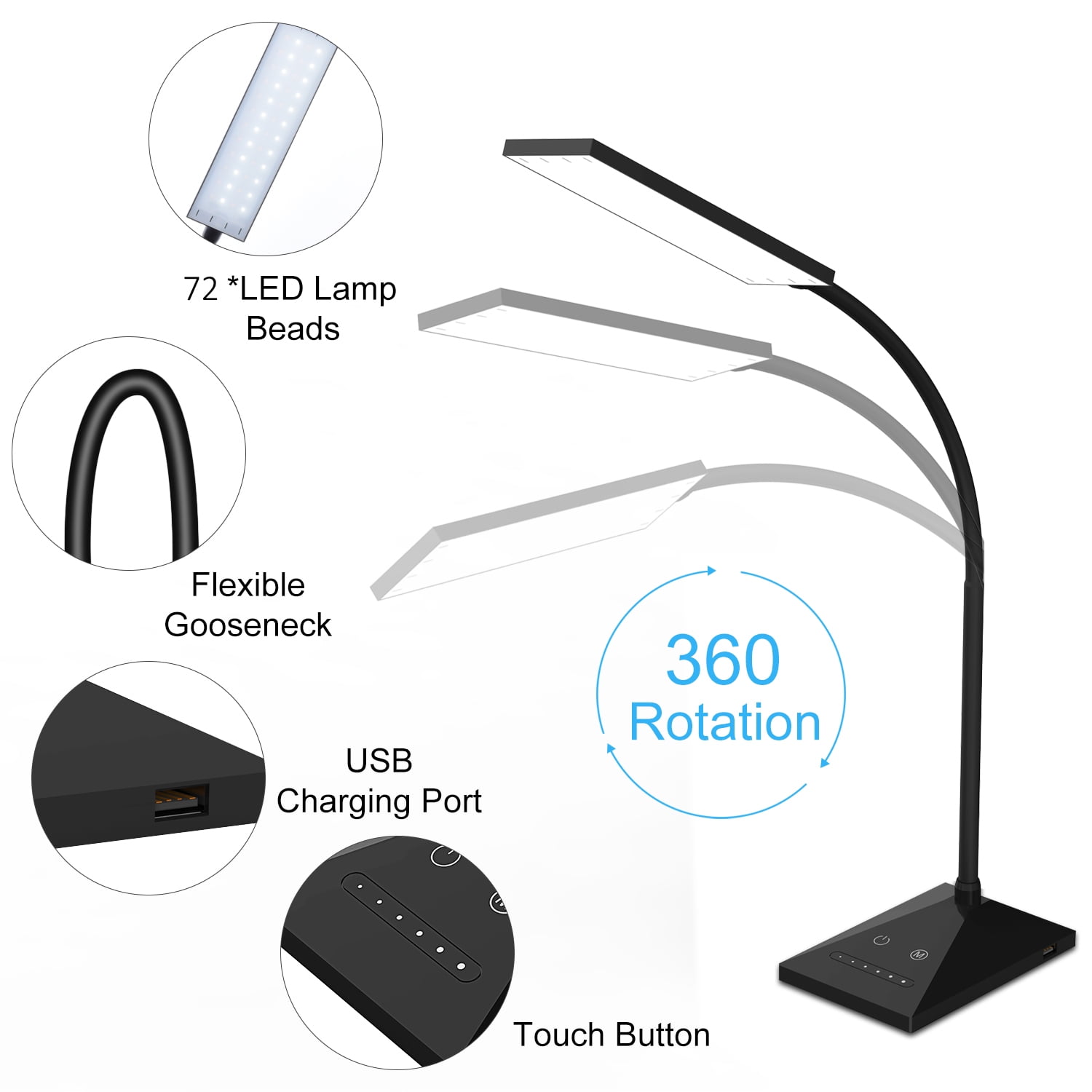 KOOTION 12W 72 LEDs LED Desk Lamp USB Charging Port 5 Modes 7 Brightness Touch Control Eye Caring Table Reading Light Black