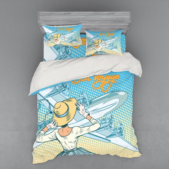 Going Away Party Duvet Cover Set, Vintage Retro Lady Escorts Aircraft Pop Art Style Travel Comic, Bedding Set with Shams and Fitted Sheet, 3 Sizes, by Ambesonne