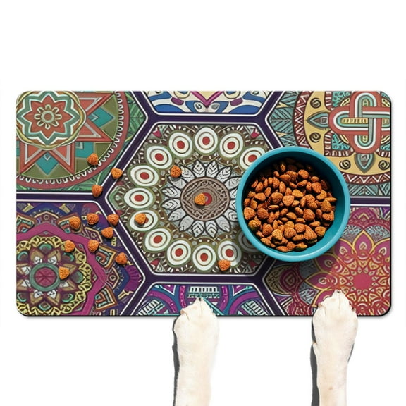 Boho Retro Floral Pet Feeding Mat-Abstract Art Pattern Absorbent Pet Placemat for Food and Water Bowl, with Waterproof Rubber Backing, Quick Dry Water Dispenser Mat for Dog and Cat (12"x20")