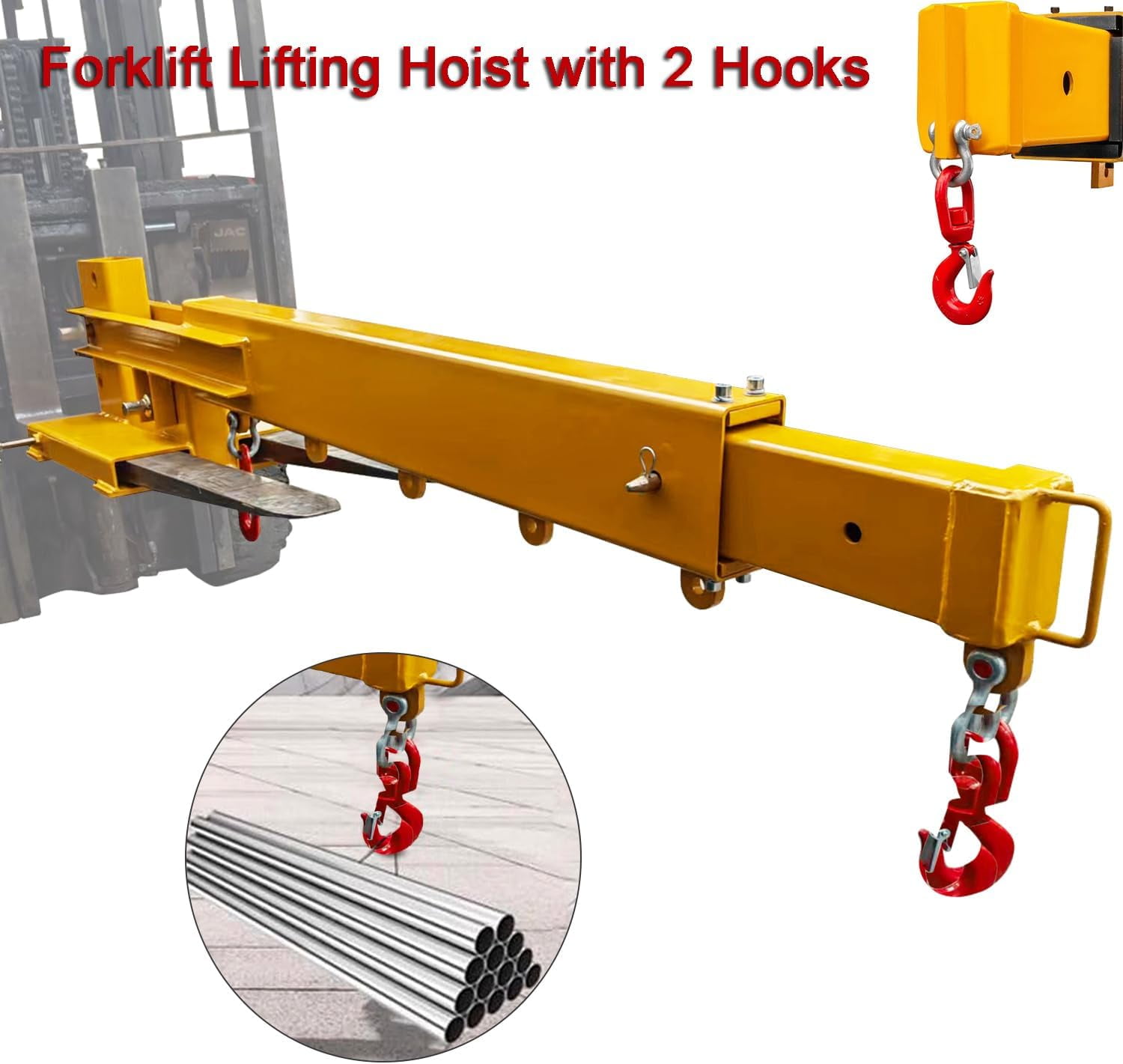 Forklift Jib Boom Crane 6,000 LB Lift Capacity,Attachments Fork Mounted Adjustable Hoist Jib Boom Crane with 2 Hook, Forklift Boom Attachment Towing Handling Equipment