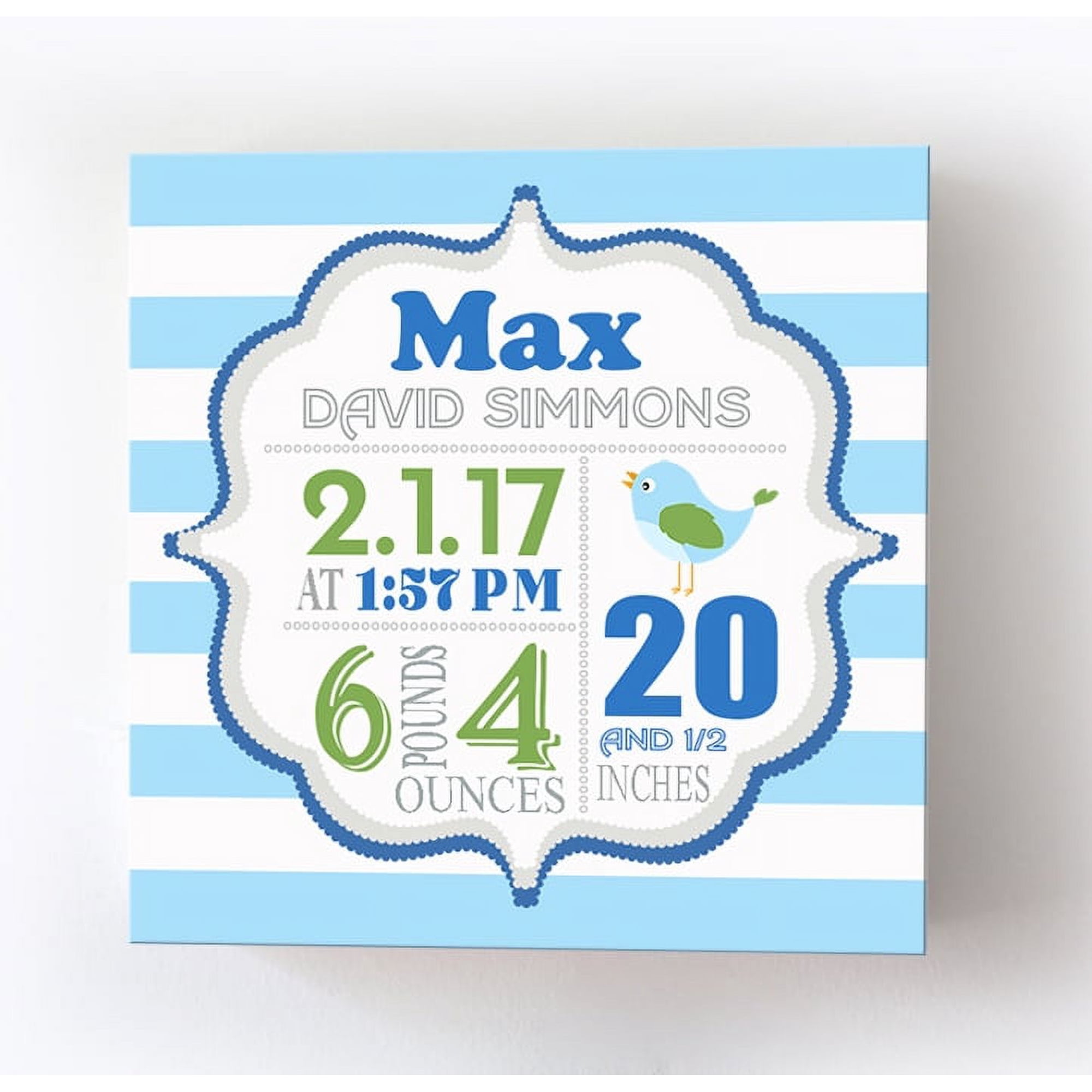 Personalized Canvas Birth Announcement Nursery Decor Gift, Lovebird Design, Custom Name, Date, Weight & Length, Unique Boys & Girls Baby Shower Wall Art Presents, Color Blue # 1, Size - 10x10