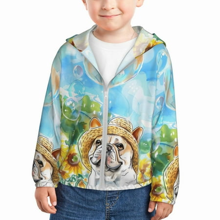 

Goofa French Bulldog Sunflowers Bubbles Printed Kids Zip-Up Hoodie Girls Boys UPF50+ Sun Protection Jacket Hooded Cooling Shirt-5 Years