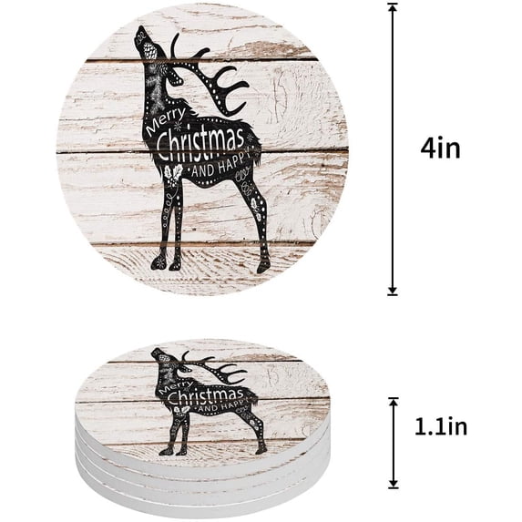 FMSHPON Merry Christmas Elk Set of 8 Round Coaster for Drinks, Absorbent Ceramic Stone Coasters Cup Mat with Cork Base for Home Kitchen Room Coffee Table Bar Decor