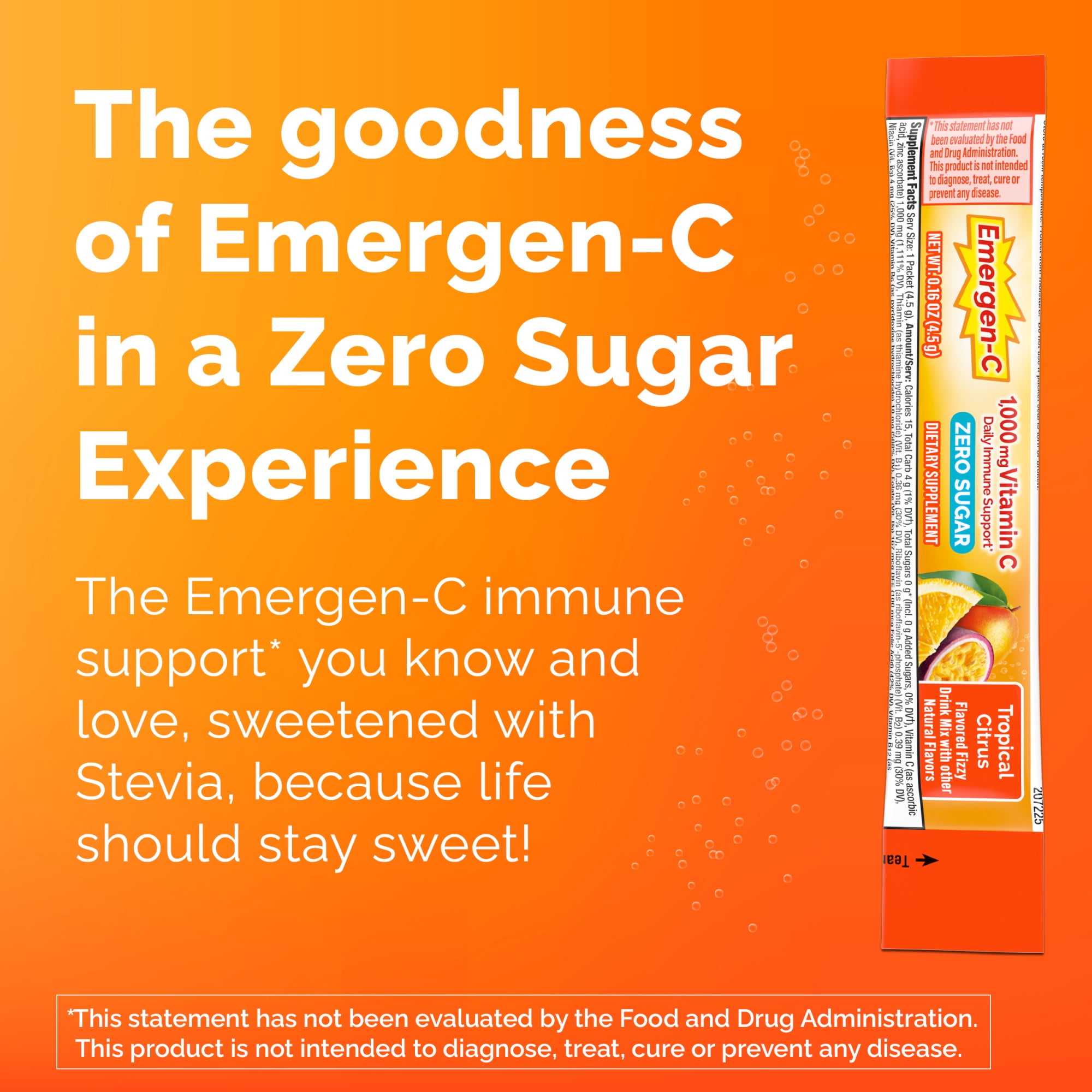 Emergen-C Zero Sugar 1000 mg Vitamin C Powder for Daily Immune Support, Tropical Citrus Flavor - 18 Count