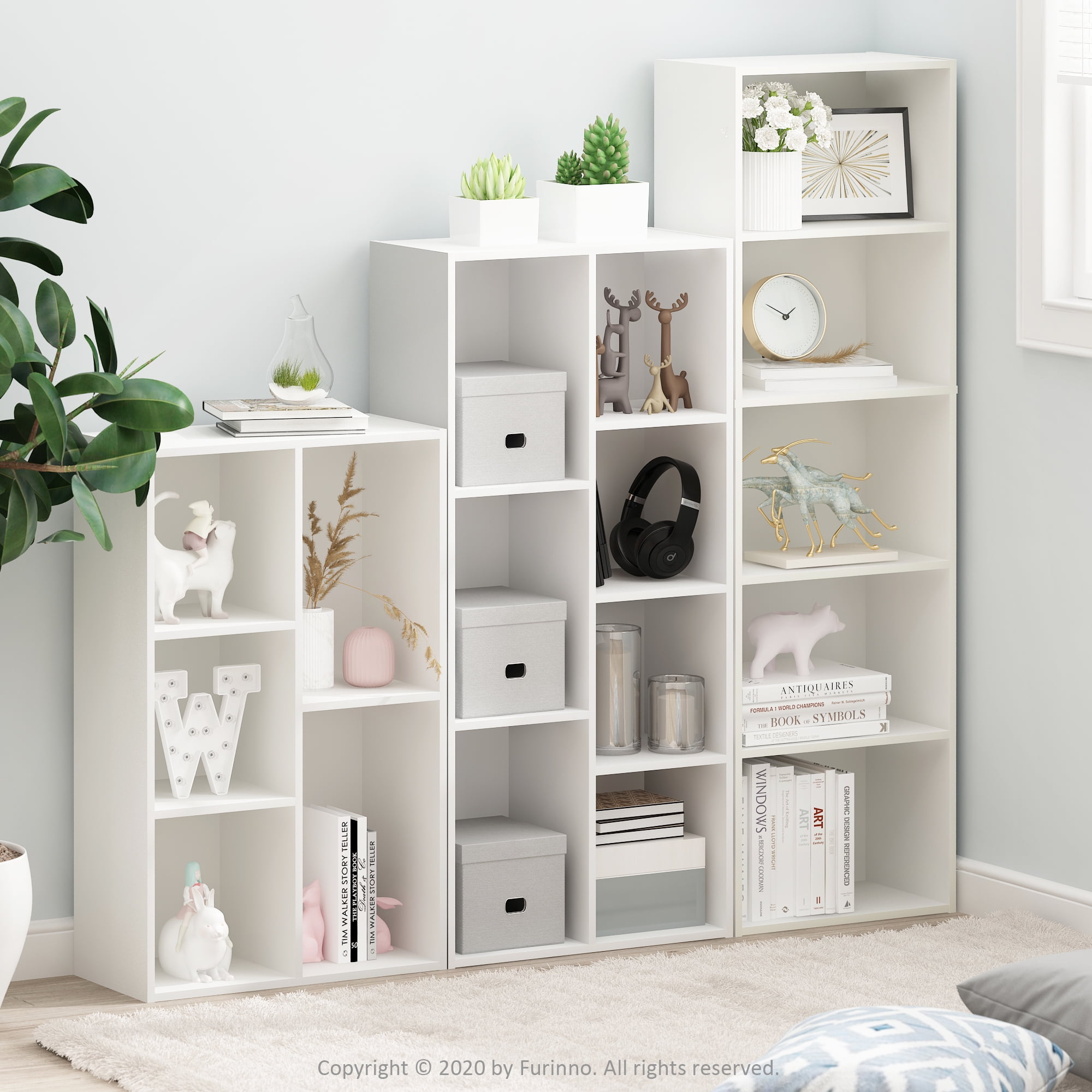Furinno LUDER Book Shelf, 5-Cube Bookshelf, Reversible Bookcase, 9.4 x 19.5 x 31.5, for Living Room, Bedroom, Home Office, Plain White
