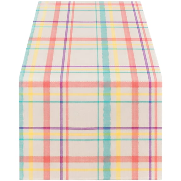 Flax Plaid Table Runner 90 In / 228 cm Long, Multicolor Farmhouse Style Cloth with Red Violet Blue Green Stripes, Long-Lasting Easy-Care Decor for Kitchen Dining Table, Indoor Outdoor Party Use