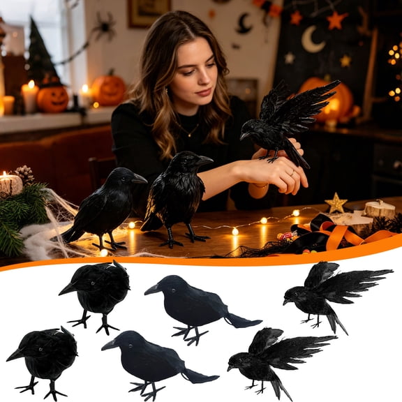 6 Pack Halloween Realistic Black Crow Decorations Lifelike Feathered Ravens with Clips Party Props for Fence Tree Pumpkin Indoor Outdoor Decor