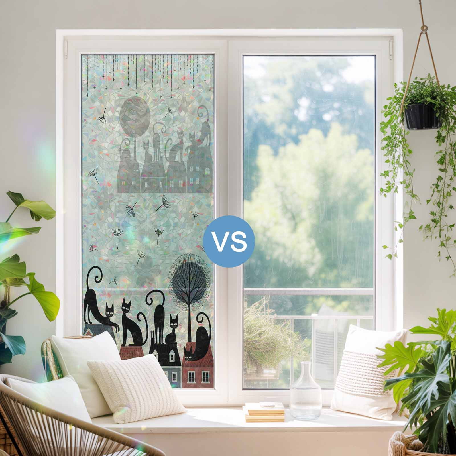 Rainbow Window Privacy Film, Black Cat Static Cling Decorative Window Film PVC, Cartoon Modern Art No Glue UV Blocking Glass Covering, Removable Stained Glass Sticker 23.6''x59''