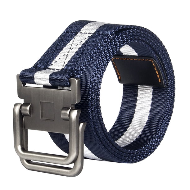 EeaseMX Cinturón resistente con hebilla de metal, ajustable, estilo militar, de nailon (azul y blanco).