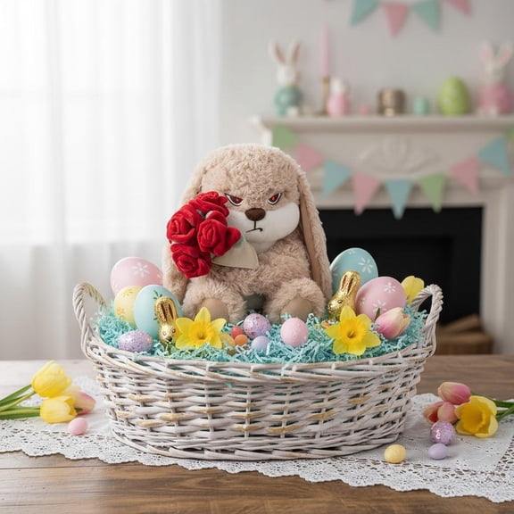 Easter Bunny Plush with Roses - 12" Angry Rabbit Stuffed Animal, Cute Moody Bunny Doll for Valentine's Day, Anniversary, Birthday, Perfect Soft Aesthetic Room Decor Plushie