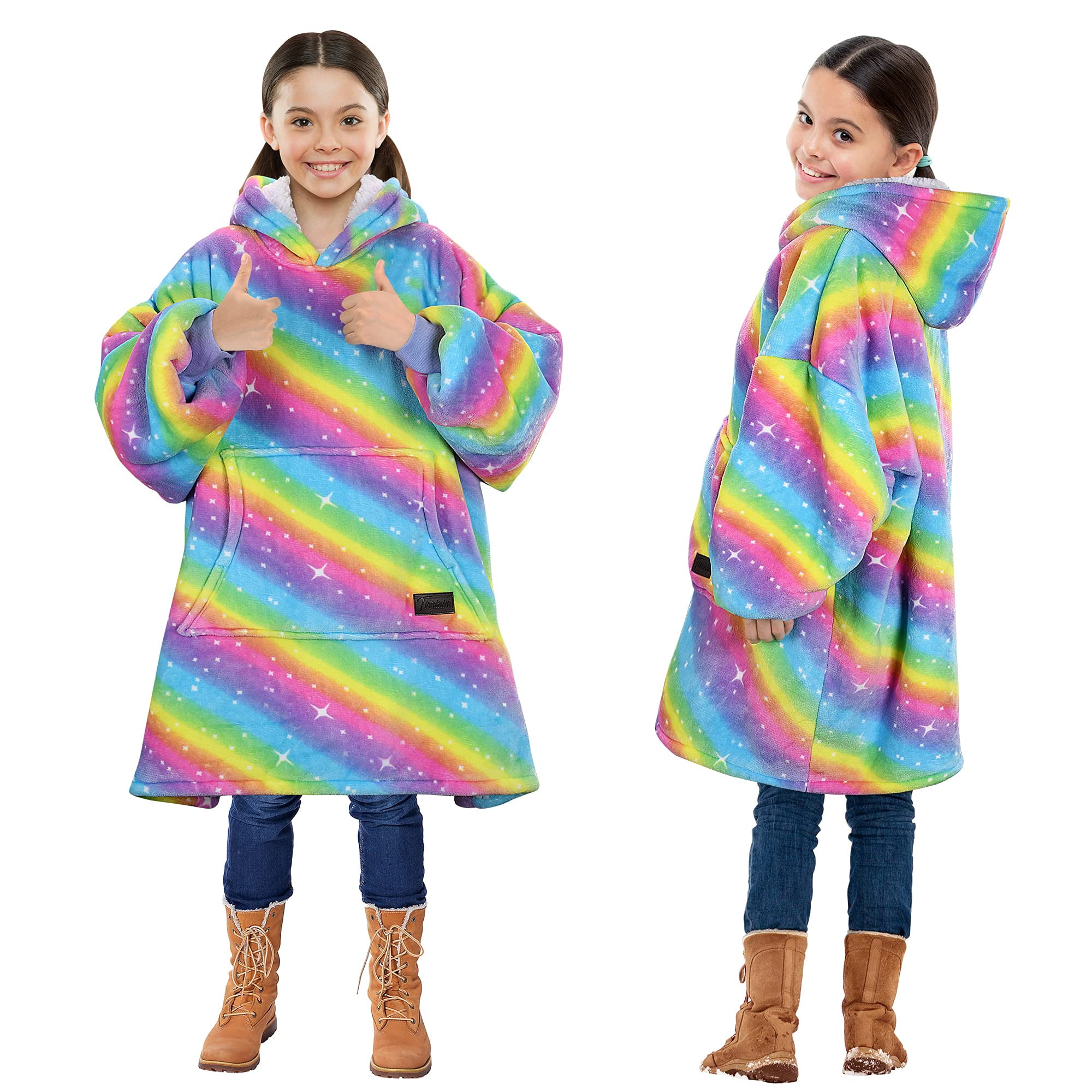Solaris Rainbow Wearable Blanket Hoodie for Kids Warm Soft Gift Oversized Cozy Sherpa Fleece Sweatshirt Pullover for Teens Girls Boys Large Pocket Walmart