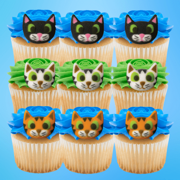 Cute Cats Edible Kitten Kitty Cat Faces Ready To Use Icing Toppers for Cake Cupcake Cookies -12ct