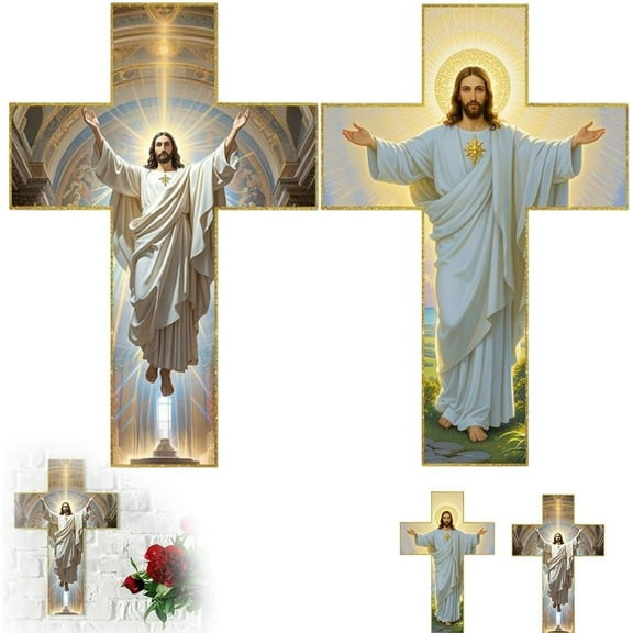 Retro Jesus Christ Wall Cross Decor, 2D Vintage Wooden Jesus Cross Wall Decor, Realistic Hanging Catholic Crucifix for Home and Inspirational Christ Wall Art (2-Pack)