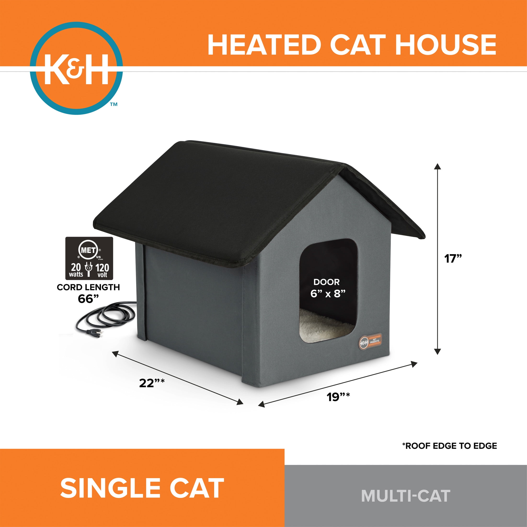 K&H Pet Products  Heated Cat House for Outdoors Cat Shelter Gray/Black 22 X 19 X 17 Inches