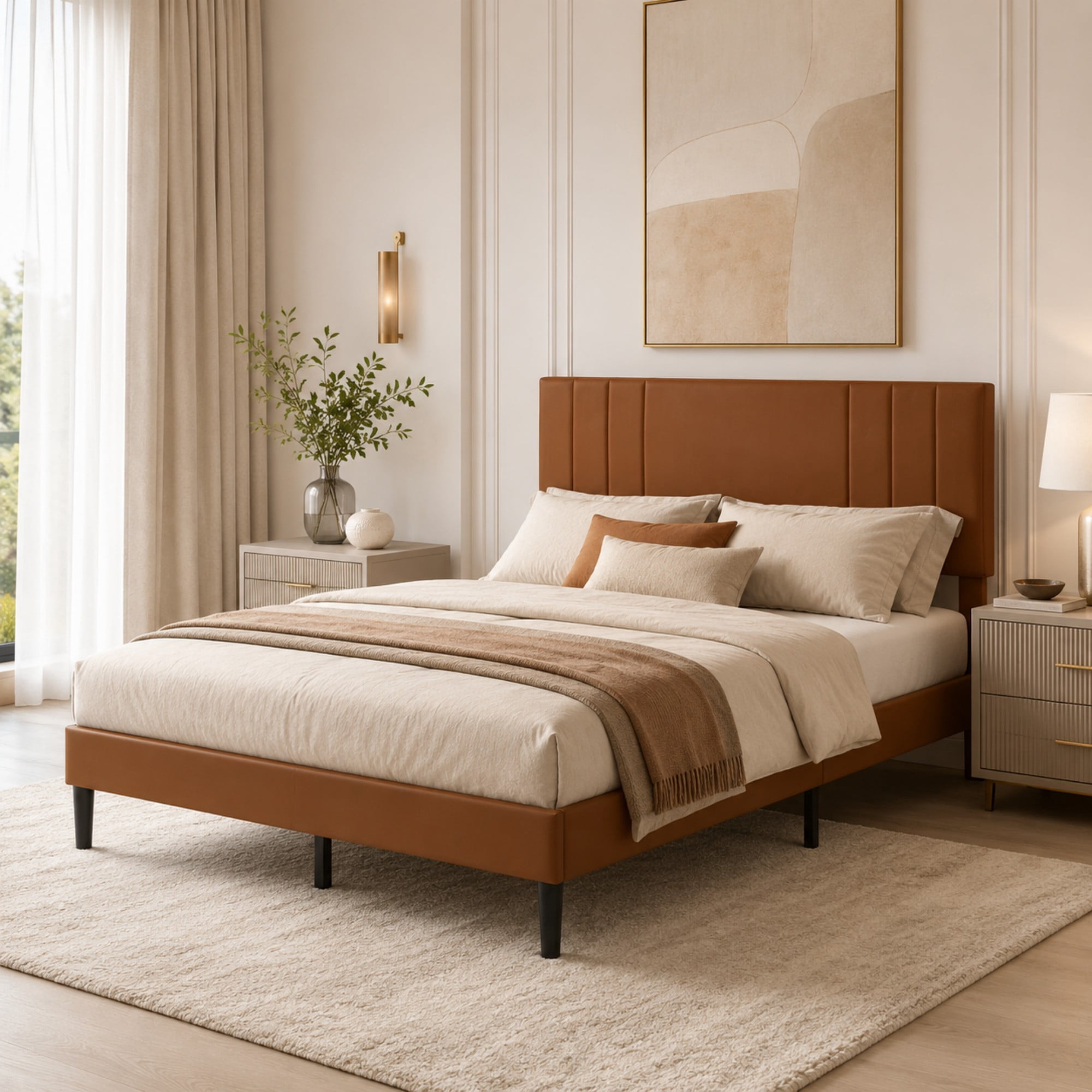 BSHTI Full Size Faux Leather Upholstered Platform Bed Frame with Adjustable Headboard, Wood Slats, No Box Spring Needed for Bedroom（Brown）