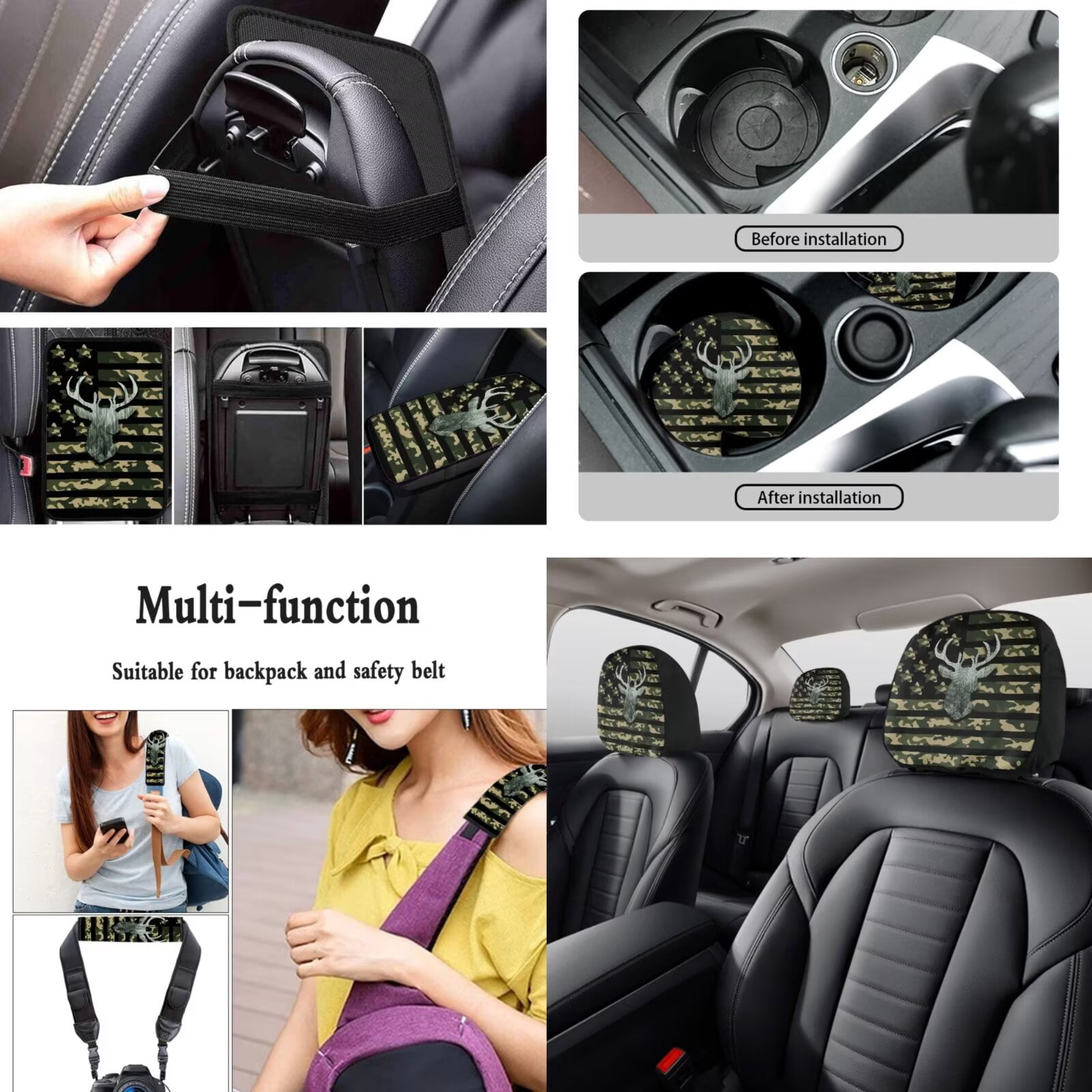 LedBack Camo Deer Printed Car Seat Cover Full Set with Steering Wheel Covers Non Slip Auto Seat Belt Cover Waterproof Lipstick Holder Keychain Headrest Covers Car Accessories, 15 Pack