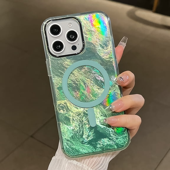 Magnetic Case for iPhone 15 Plus [Compatible with Magsafe] [Fluorescent Iridescent Green Blue] Slim Shockproof Matte Back Protective Phone Cover for Women Girls,Green