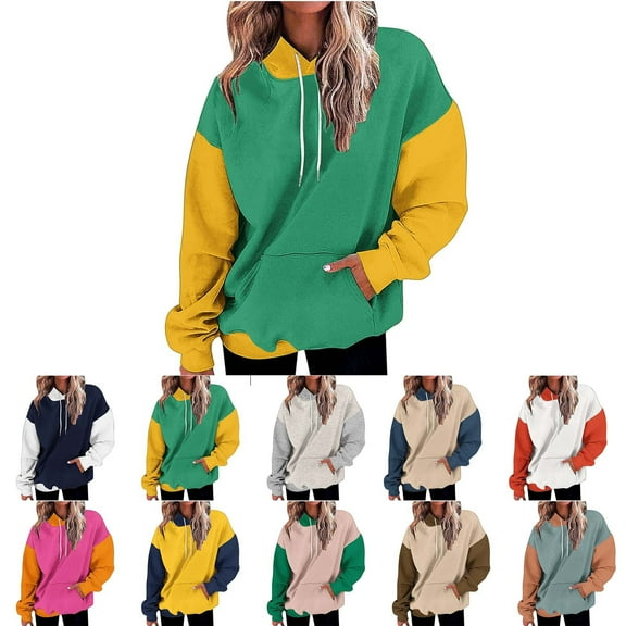 ATOYSOY Women's Loose Hoodie Tops with Pockets Fashion Long Sleeve Tees Fall Winter Color Block Pullover Workout Casual Shirts Crew Neck Sweatshirts Outwear Retro Brown L