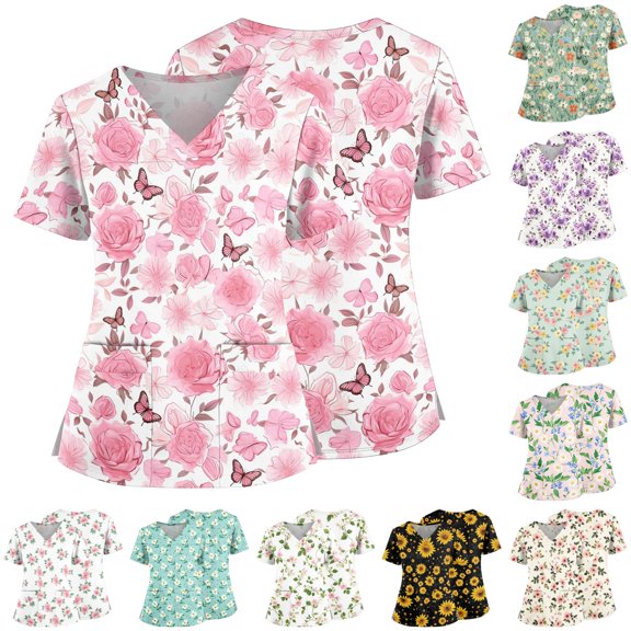 Butterfly Floral Scrub Top for Women, V-Neck Short Sleeve Medical Shirt with Pockets & Side Slits - Soft Stretchy Nurse Tunic Black L