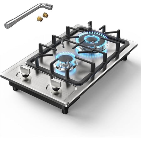VBGK 2 Burner Gas Cooktop, 12-inch Stainless Steel Dual Fuel Propane Stove with Thermocouple Protection for Home, Apartment, and Outdoor Cooking