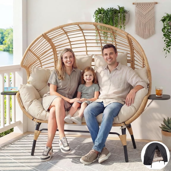 CHINNLUU Double Egg Chair Indoor Outdoor Stationary Oversized Thicken Padded Cushions,2 Person Egg Loveseat Chair, Extra Large Lounge Chair for Patio Balcony Porch - (Beige Radial)