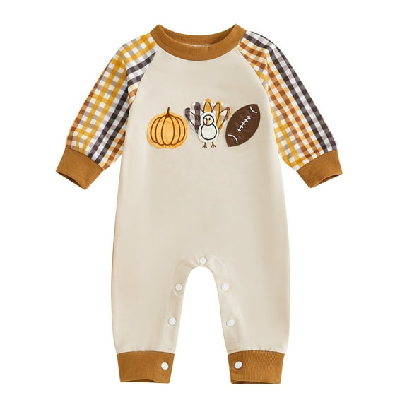 CAIVO Baby Boys Romper Long Sleeve Jumpsuit Thanksgiving Turkey Embroidered Long Sleeve Onesie Soft Clothes Cute Fall Onesie Classic Child Solid Color One-Pieces