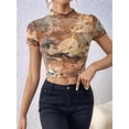 thumbnail image 6 of Women'S Print Mesh Short Sleeve Crop Top Mock Neck Slim T-Shirt Lettuce Trim Sheer Going Out Tops Amber XL, 6 of 9