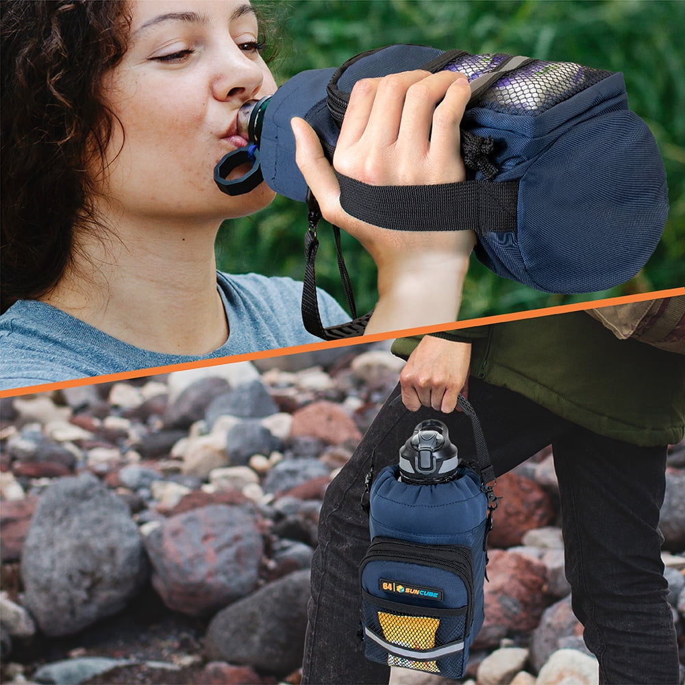 SUN CUBE Water Bottle Holder with Strap, Insulated Water Bottle Bag Carrier for Walking, Crossbody Bottle Carrying Sling Purse Neoprene Sleeve Pouch Pocket, Hiking Accessories Women Men, Blue 64oz