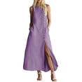 thumbnail image 2 of Guieoi Summer Dresses for Women under $10 Plus Size Decorative Button Cotton-Linen Loose-Fit Sleeveless Slit Hem Maxi Dress Purple L, 2 of 7