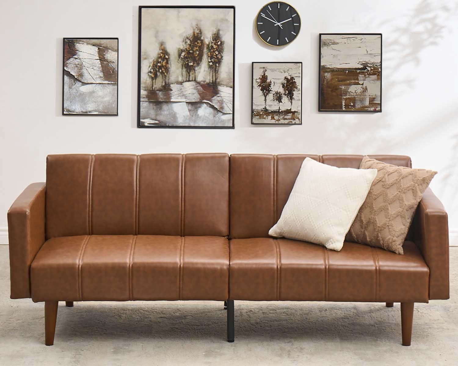 75 in Futon Sofa Bed - Convertible Sleeper Sofa with Adjustable Backrest - Loveseat Small Sofa Bed with Side Pockets - Mid Century Modern Futon Couch - Brown PU Leather Couch for Living Room