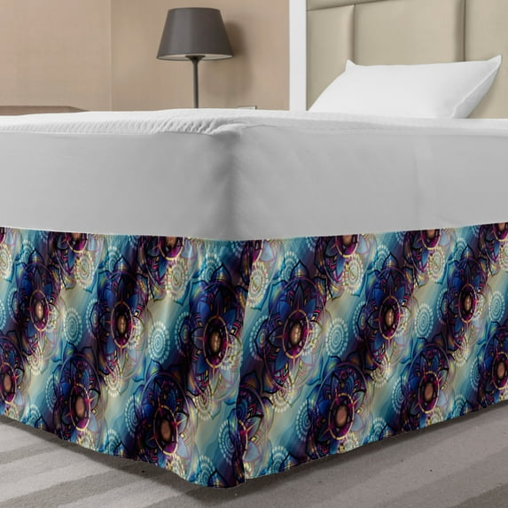 Lotus Bed Skirt, Gradient Diagonal Mystic Geometric Alchemy Trippy Motif Ornaments, Elastic Bedskirt Dust Ruffle Wrap Around for Bedding Decor, 4 Sizes, Multicolor, by Ambesonne