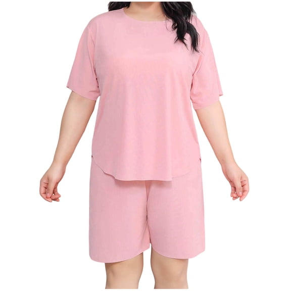 Cekizud Two Piece Sets for Women Plus Size Ice Silk Round Neck Short Sleeve Top Shorts Pajama Set,Sizes XL-5XL