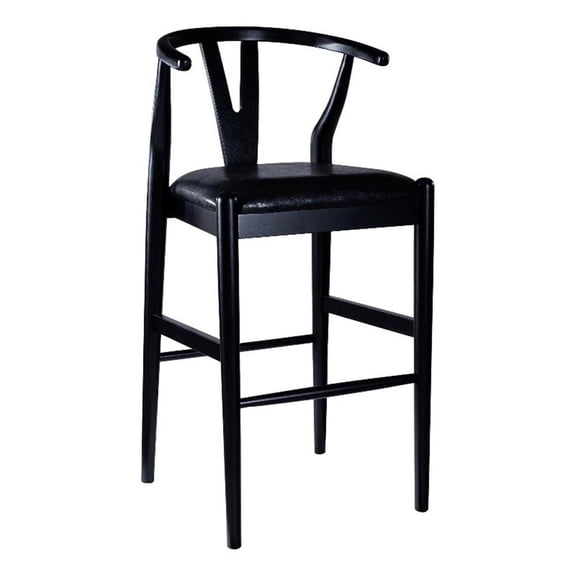 Cera Barstool Chair Set of 2- Rich Faux Leather Seat- Black Rubberwood