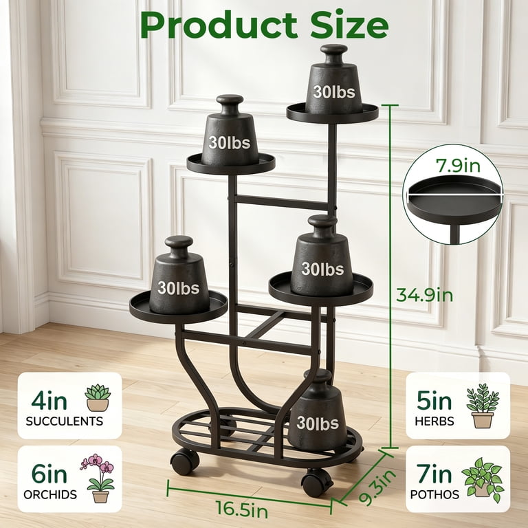 5-Tier Rolling Metal Plant Stand with Lockable Wheels photo 4